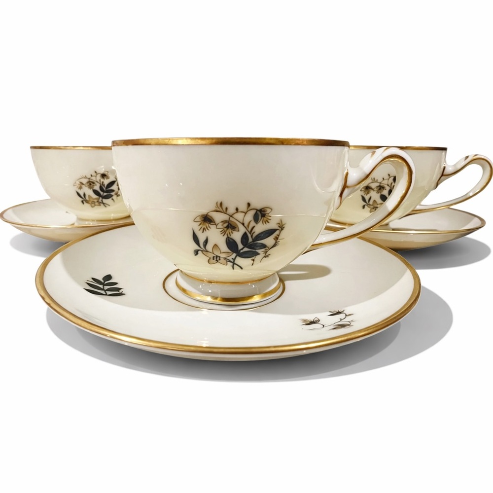 Vintage Lyngby Denmark Demitasse Cup & Saucer Set 4 NHS Porcelain Gold Trim